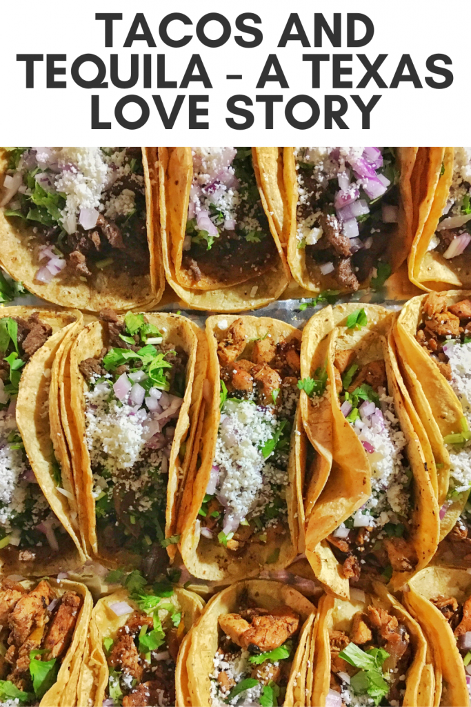 pin showing some tacos ready to eat with tequila and title of the post at the very top. 