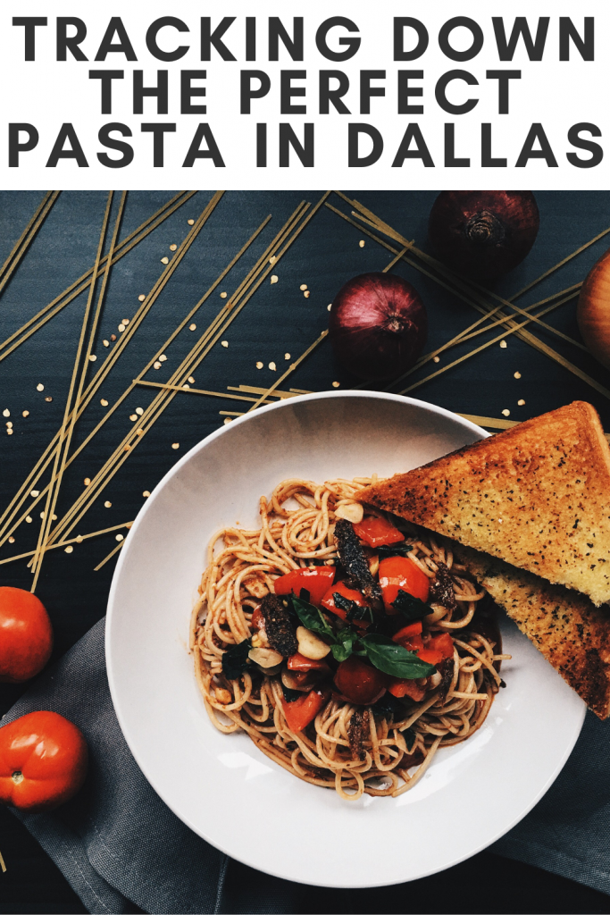 Pin showing the title at the top of the image and a bowl of pasta with some toasted bread on the side. 