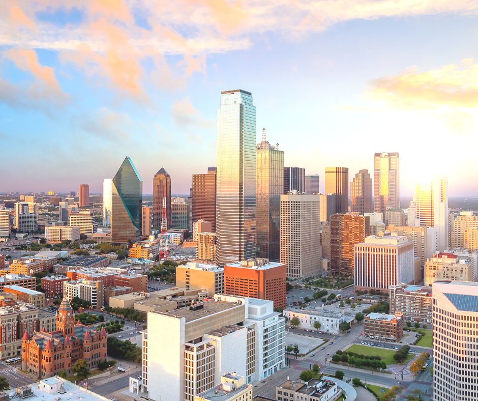 a view of the Dallas skyline at dusk for the post 10 things to do in Dallas for free.